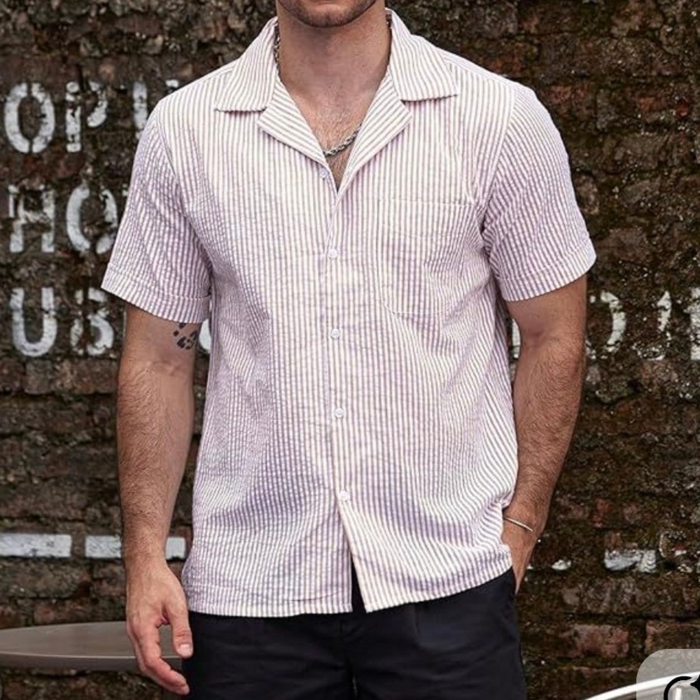 Vatpave Seersucker Stripe Short Sleeve Camp Collar Button Shirt Tan Sz XXL NWT